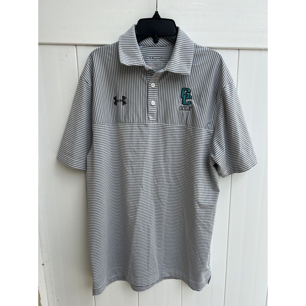 Under Armour Mens Small Short Sleeve Golf Polo Loose Heatgear Gray Striped